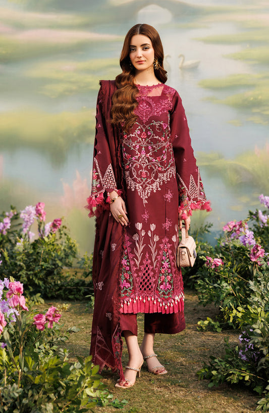 Shangrila by Parishay Embroidered Lawn Unstitched 3 Piece Suit - ANG-07 - PS26ANG - Maroon - Summer Collection