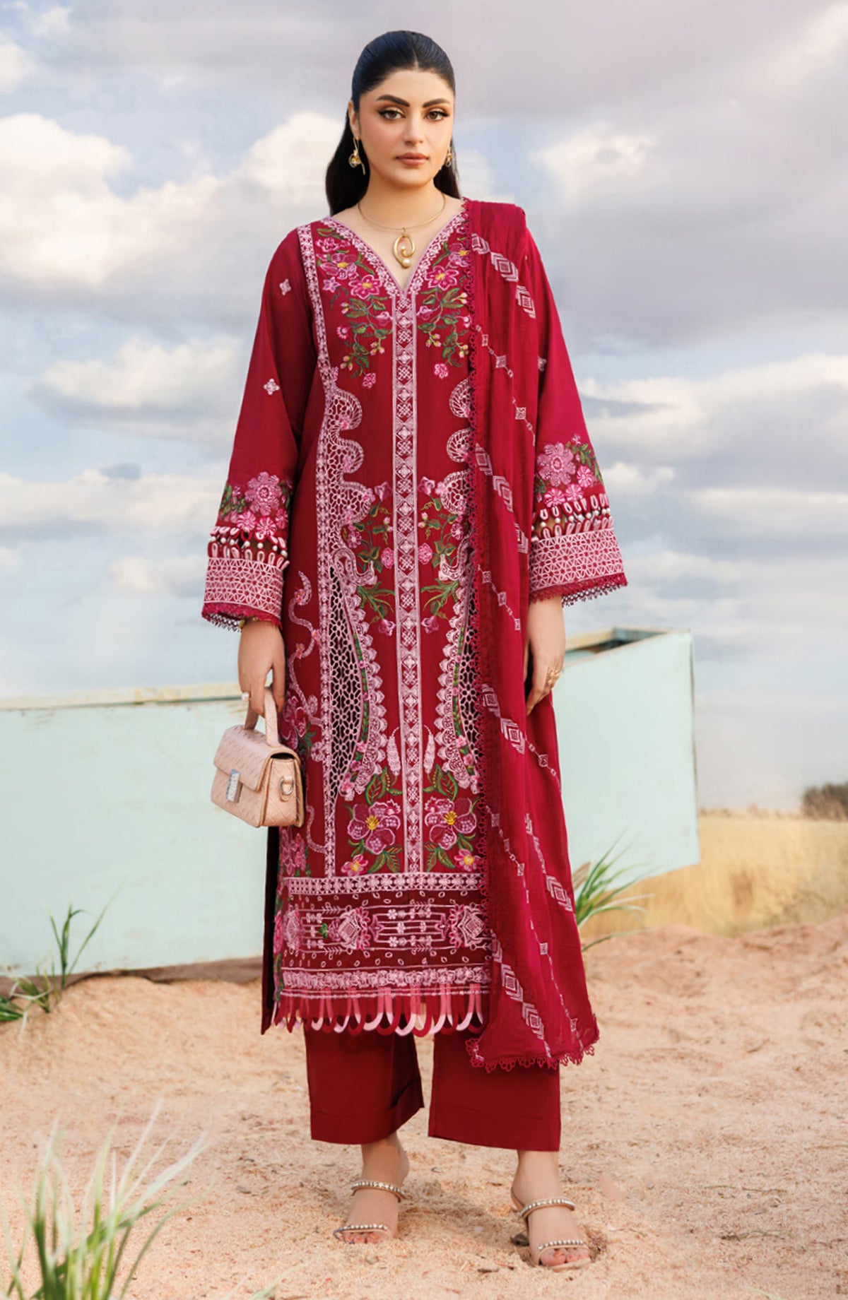 Shangrila by Parishay Embroidered Lawn Unstitched 3 Piece Suit - ANG-05 - PS26ANG - Red - Summer Collection