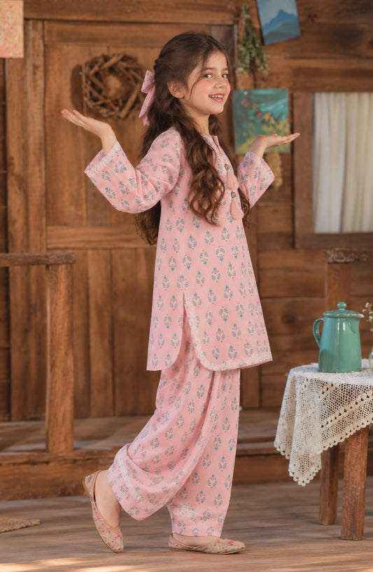 Shanza Little by Amna Khadija Printed Cotton Stitched 2 Piece Suit - AKSL-01 - AM26LTZ - Light Pink - Girls Collection