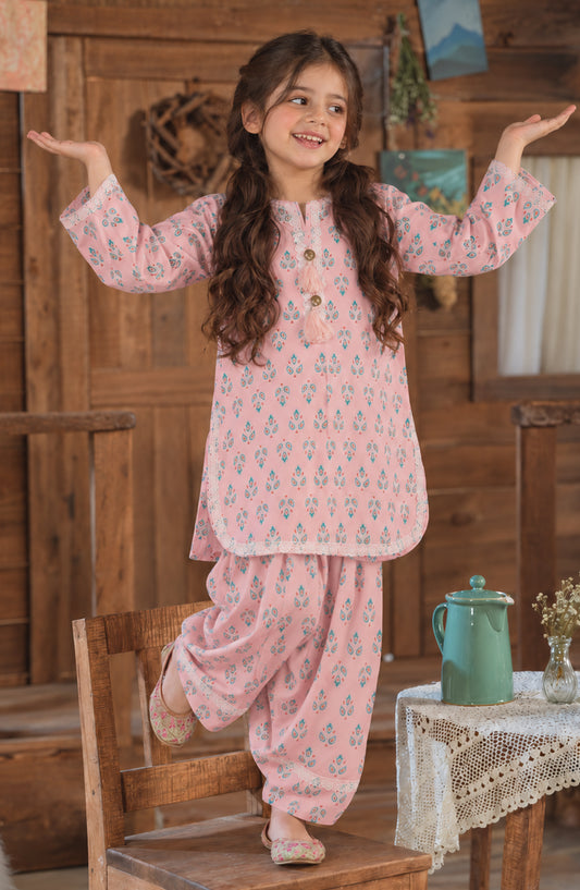 Shanza Little by Amna Khadija Printed Cotton Stitched 2 Piece Suit - AKSL-01 - AM26LTZ - Light Pink - Girls Collection