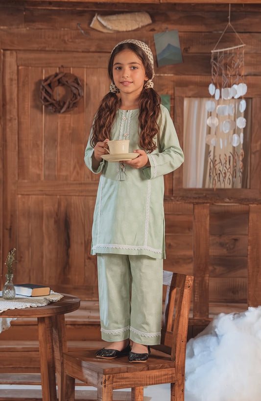 Shanza Little by Amna Khadija Printed Cotton Stitched 2 Piece Suit - AKSL-04 - AM26LTZ - Sea Green - Girls Collection