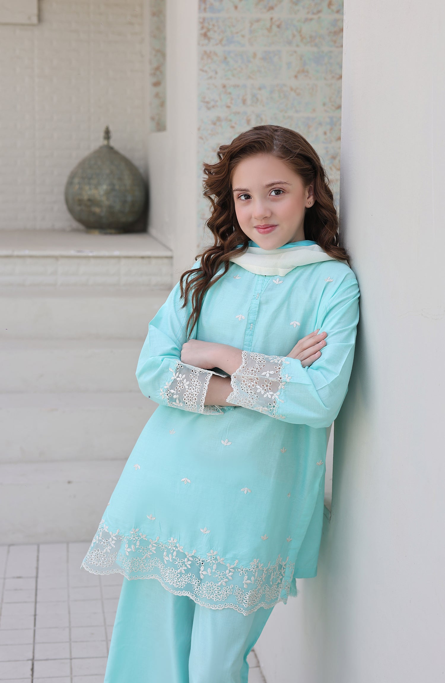 Shanzey Maya Embroidered Cambric Stitched 3 Piece Suit - SHK-7203 - SHK26MY - Sky Blue - Girls Collection