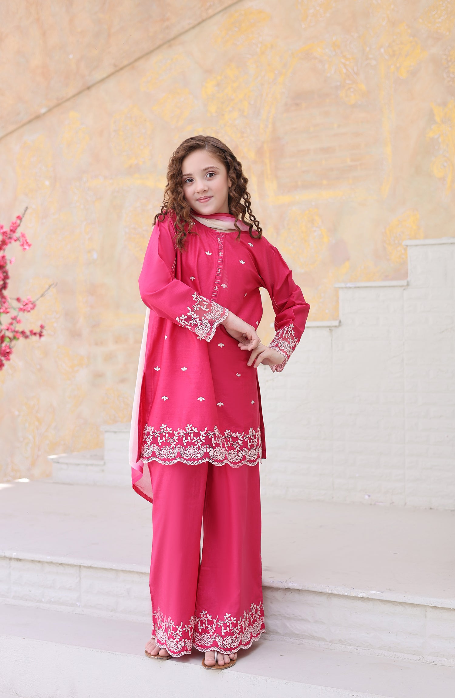 Shanzey Maya Embroidered Cambric Stitched 3 Piece Suit - SHK-7204 - SHK26MY - Pink - Girls Collection