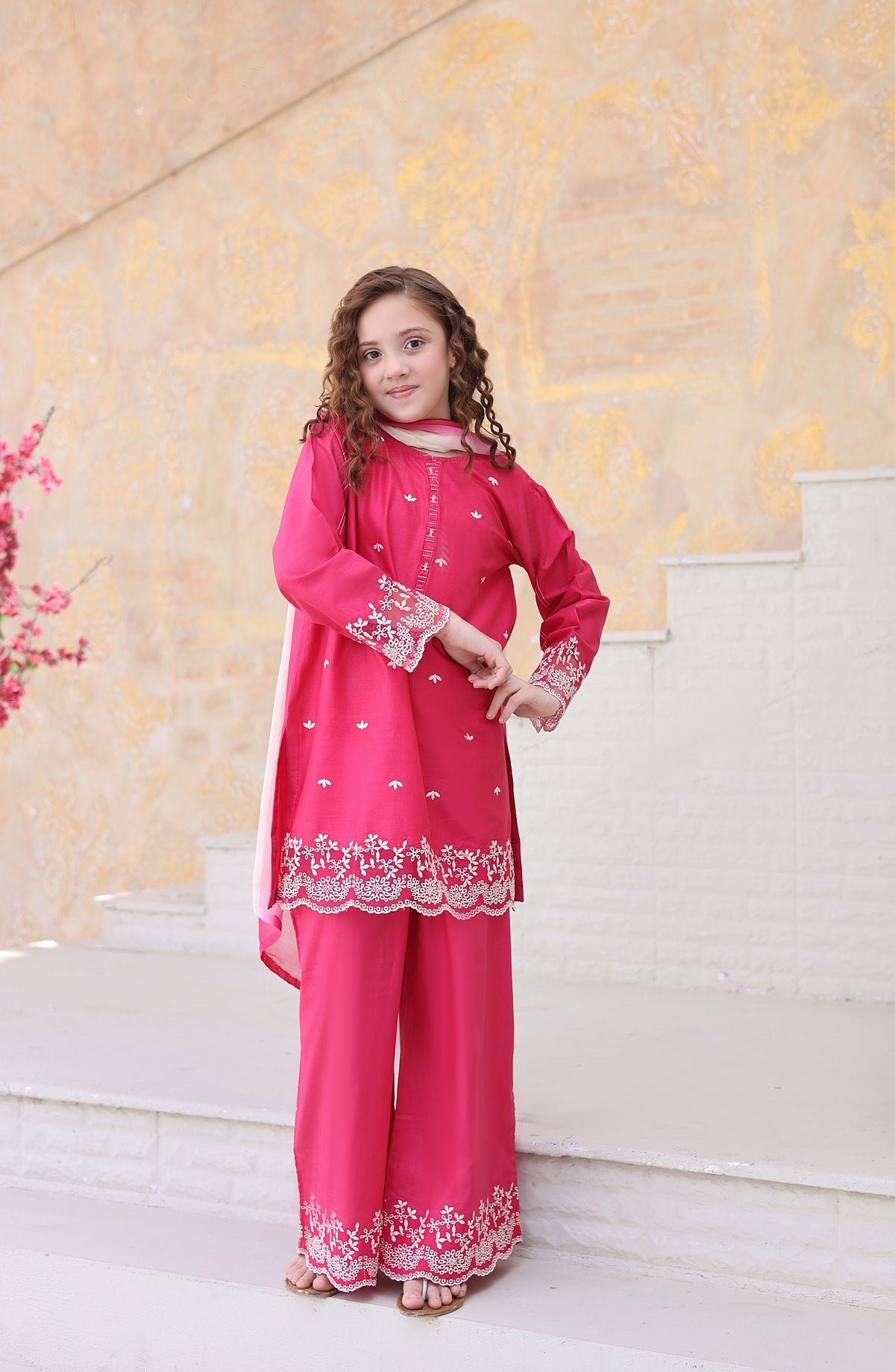 Shanzey Maya Embroidered Cambric Stitched 3 Piece Suit - SHK-7204 - SHK26MY - Pink - Girls Collection
