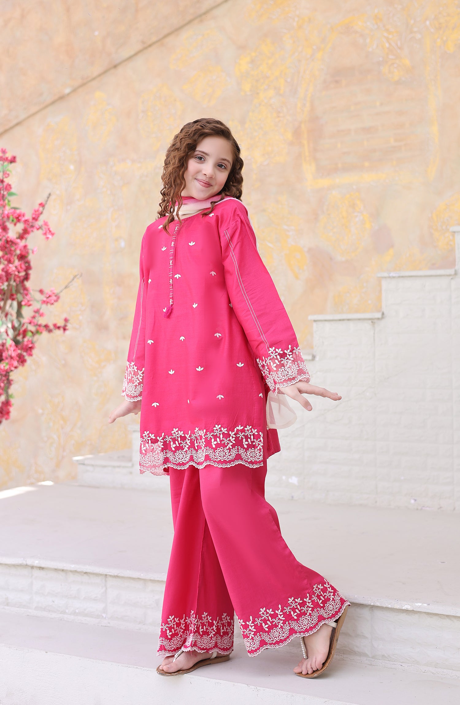 Shanzey Maya Embroidered Cambric Stitched 3 Piece Suit - SHK-7204 - SHK26MY - Pink - Girls Collection