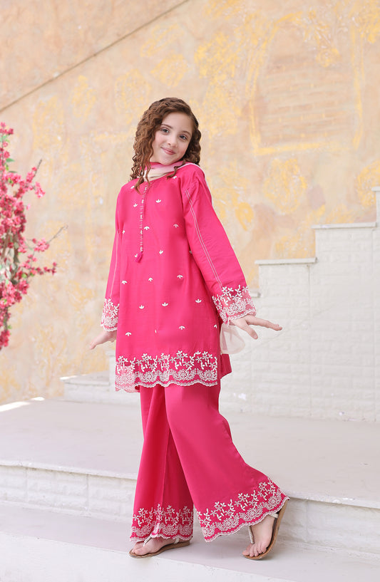 Shanzey Maya Embroidered Cambric Stitched 3 Piece Suit - SHK-7204 - SHK26MY - Pink - Girls Collection