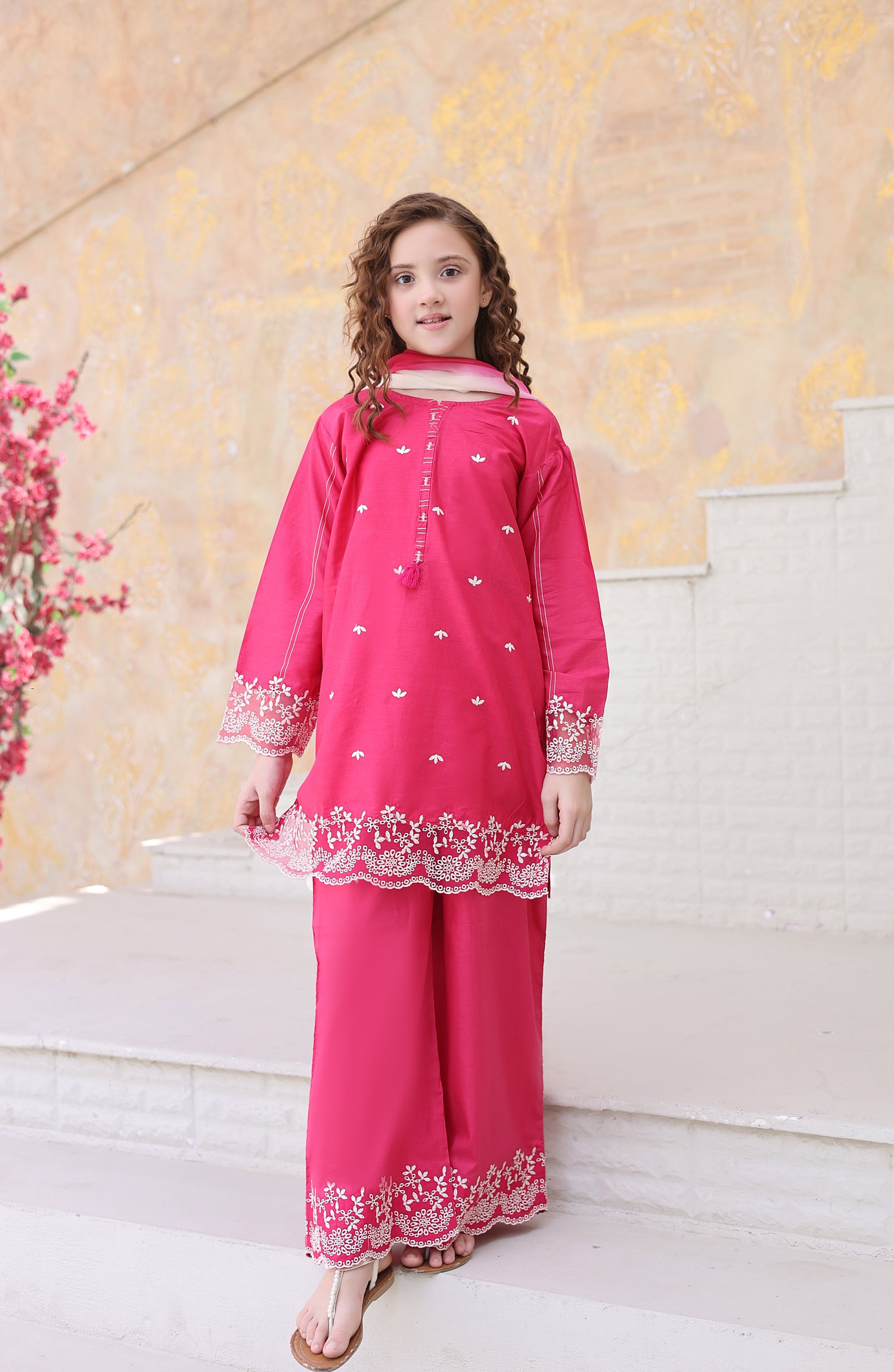 Shanzey Maya Embroidered Cambric Stitched 3 Piece Suit - SHK-7204 - SHK26MY - Pink - Girls Collection