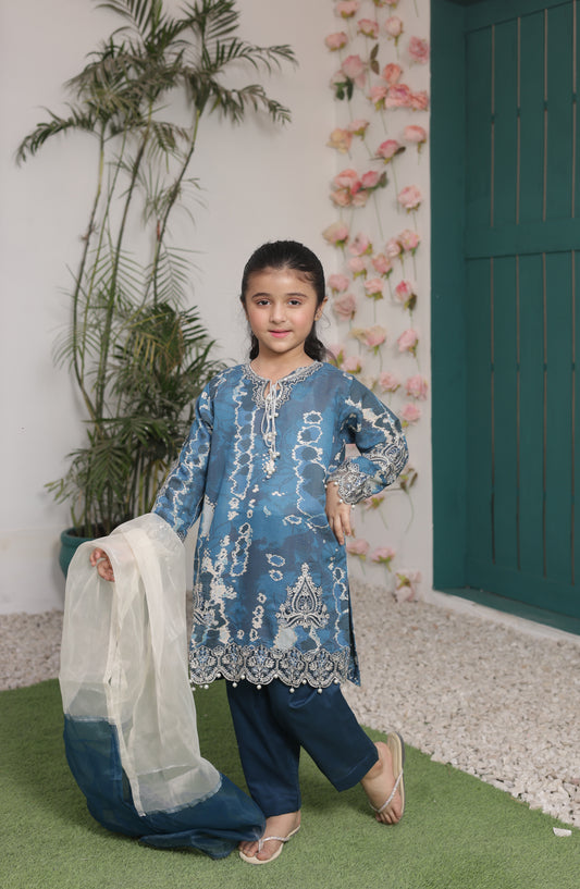 Shanzey Bahar-e-Eid Embroidered Shimmered Cambric Stitched 3 Piece Suit - SHK-5202 - SHZ26BHR - Blue - Festive Collection