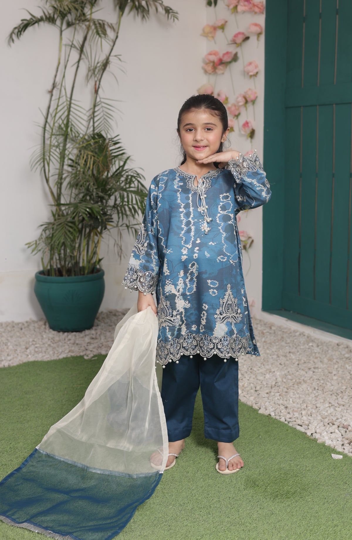 Shanzey Bahar-e-Eid Embroidered Shimmered Cambric Stitched 3 Piece Suit - SHK-5202 - SHZ26BHR - Blue - Festive Collection