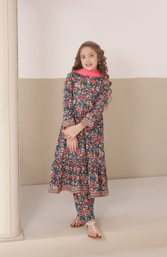 Shanzey Dosti Yaari Printed Lawn Stitched 3 Piece Suit - SHK-5402 - SNZ26DST - Navy Blue - Summer Girls Collection