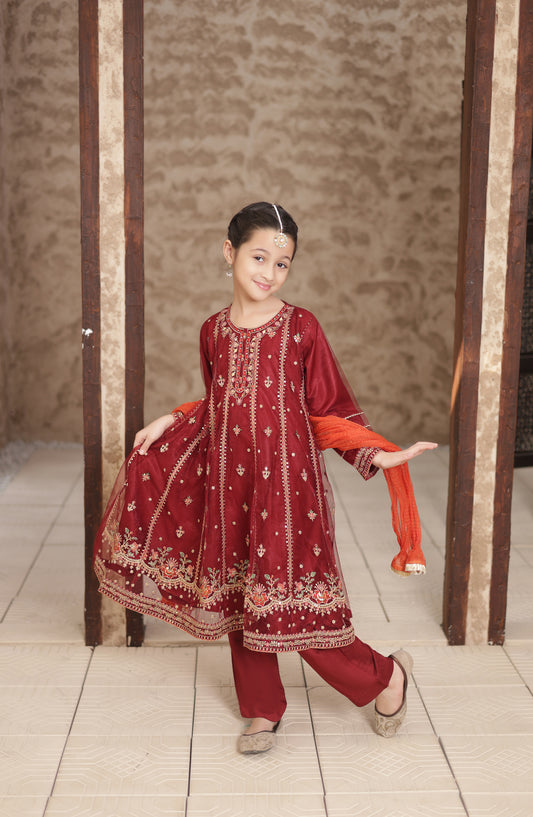 Shanzey Eid ki Kiran Embroidered Net Stitched 3 Piece Suit - SHK-705 - SHK26KRN - Maroon - Girls Formal Collection