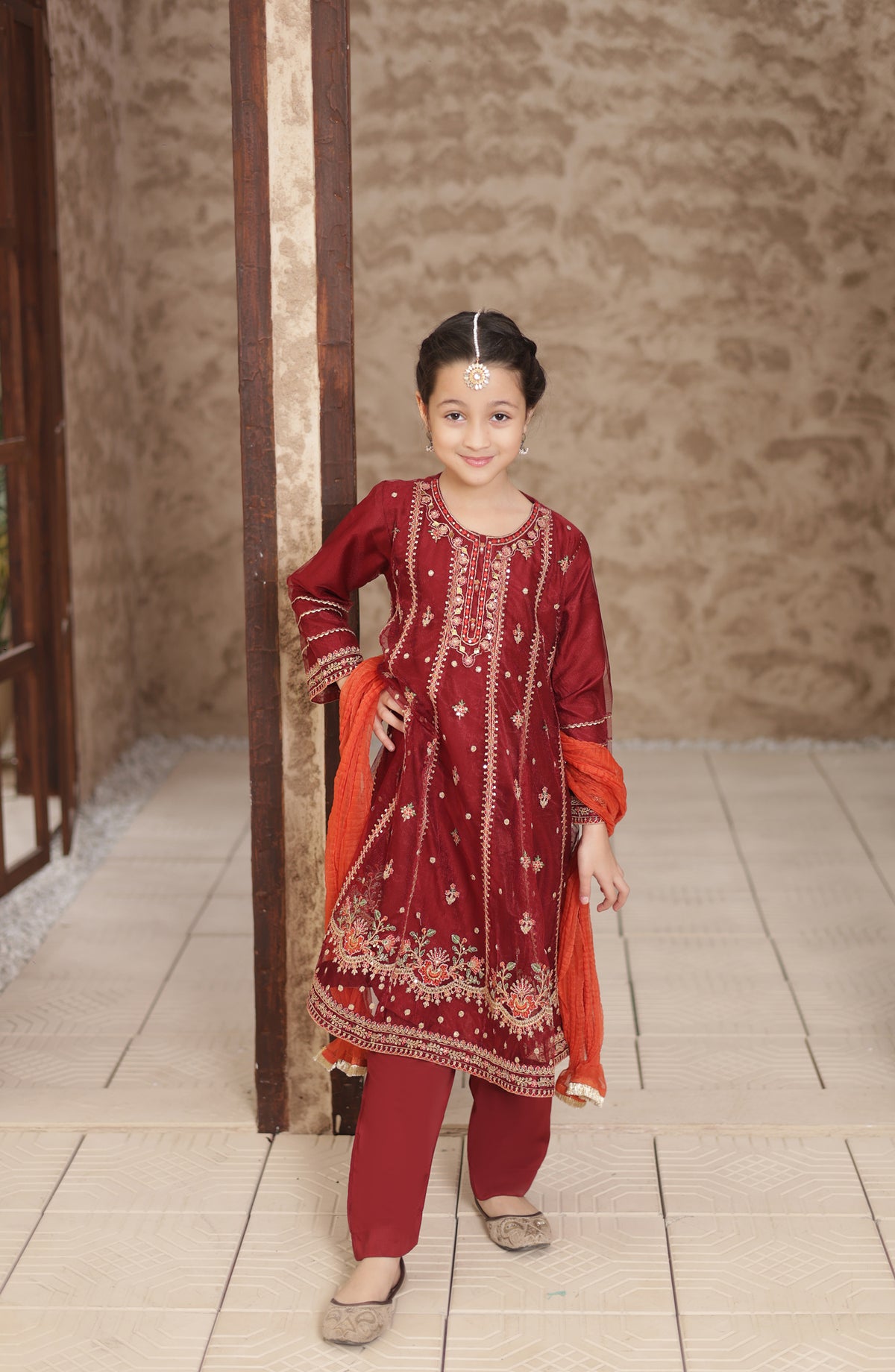 Shanzey Eid ki Kiran Embroidered Net Stitched 3 Piece Suit - SHK-705 - SHK26KRN - Maroon - Girls Formal Collection