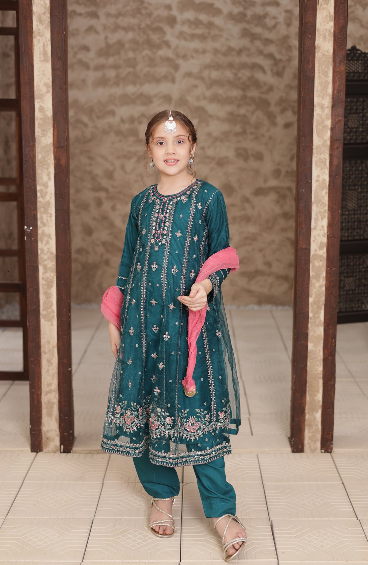 Shanzey Eid ki Kiran Embroidered Net Stitched 3 Piece Suit - SHK-706 - SHK26KRN - Teal Blue - Girls Formal Collection