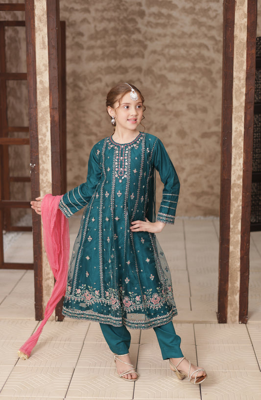 Shanzey Eid ki Kiran Embroidered Net Stitched 3 Piece Suit - SHK-706 - SHK26KRN - Teal Blue - Girls Formal Collection