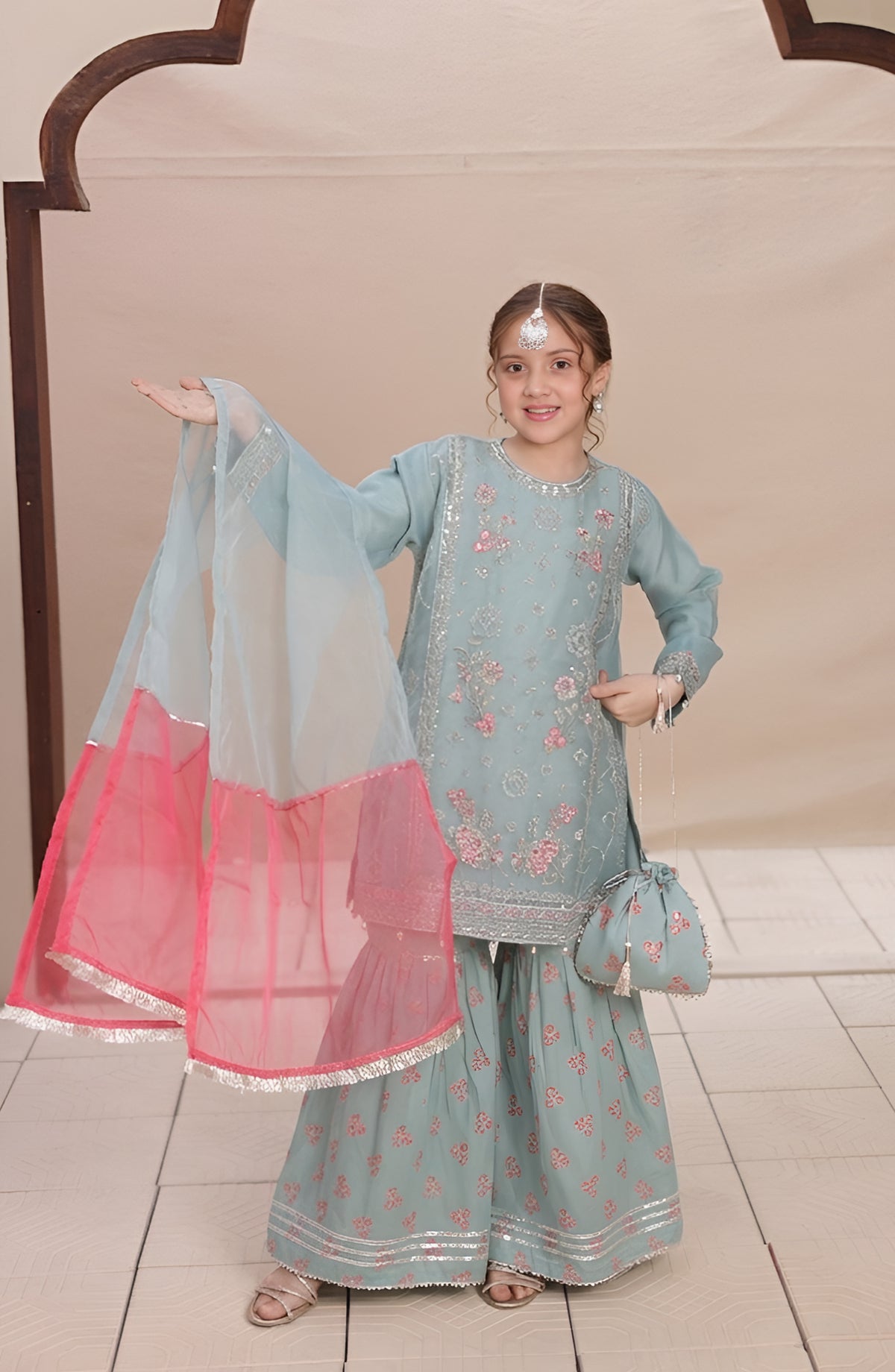 Shanzey Eid ki Kiran Embroidered Organza Stitched 3 Piece Suit - SHK-701 - SHK26KRN - Sky Blue - Girls Formal Collection