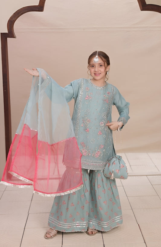 Shanzey Eid ki Kiran Embroidered Organza Stitched 3 Piece Suit - SHK-701 - SHK26KRN - Sky Blue - Girls Formal Collection