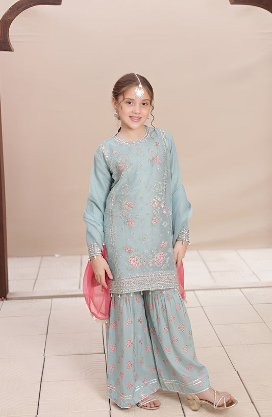 Shanzey Eid ki Kiran Embroidered Organza Stitched 3 Piece Suit - SHK-701 - SHK26KRN - Sky Blue - Girls Formal Collection