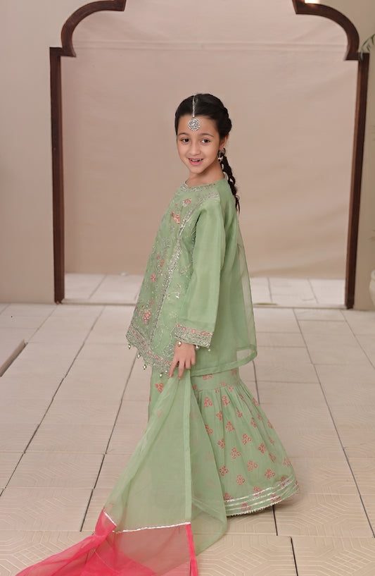 Shanzey Eid ki Kiran Embroidered Organza Stitched 3 Piece Suit - SHK-702 - SHK26KRN - Mint - Girls Formal Collection