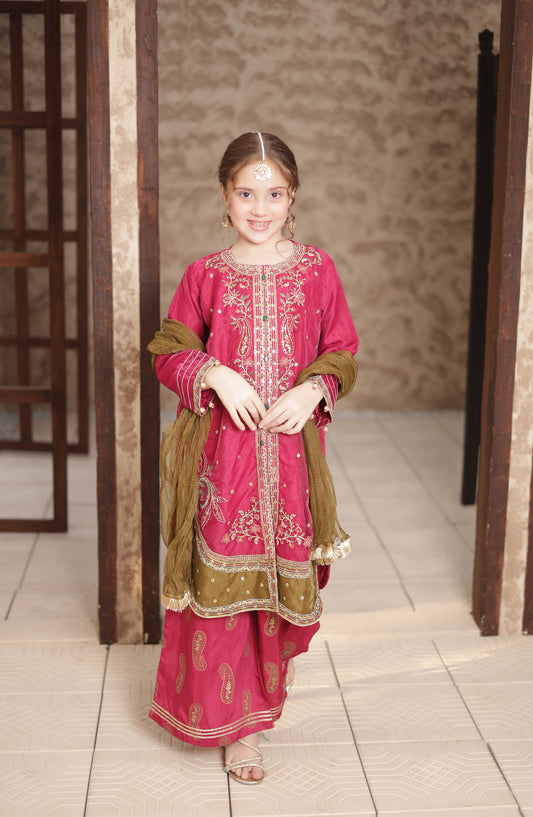 Shanzey Eid ki Kiran Embroidered Organza Stitched 3 Piece Suit - SHK-703 - SHK26KRN - Majenta - Girls Formal Collection