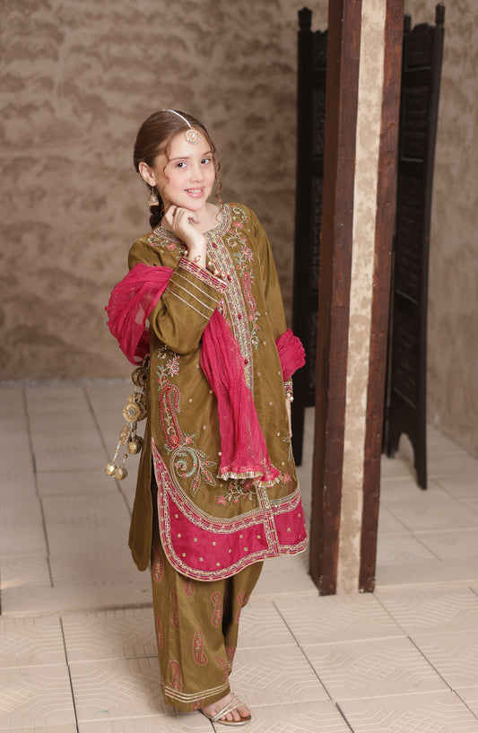Shanzey Eid ki Kiran Embroidered Organza Stitched 3 Piece Suit - SHK-704 - SHK26KRN - Mehendi Green - Girls Formal Collection