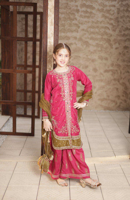 Shanzey Eid ki Kiran Embroidered Organza Stitched 3 Piece Suit - SHK-703 - SHK26KRN - Majenta - Girls Formal Collection