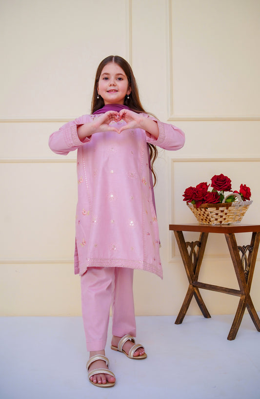 Shanzey Embroidered Cotton Stitched 3 Piece Suit - SHK-4608 - SHZ25CBR - Powder Pink - Girls Summer Collection
