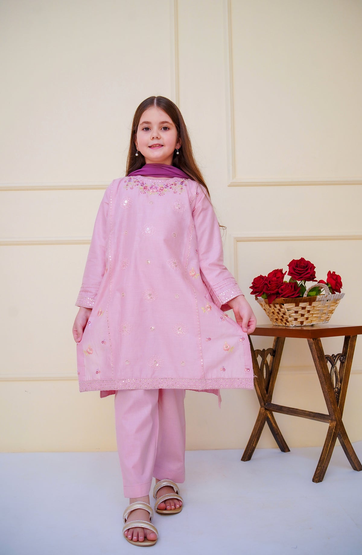 Shanzey Embroidered Cotton Stitched 3 Piece Suit - SHK-4608 - SHZ25CBR - Powder Pink - Girls Summer Collection