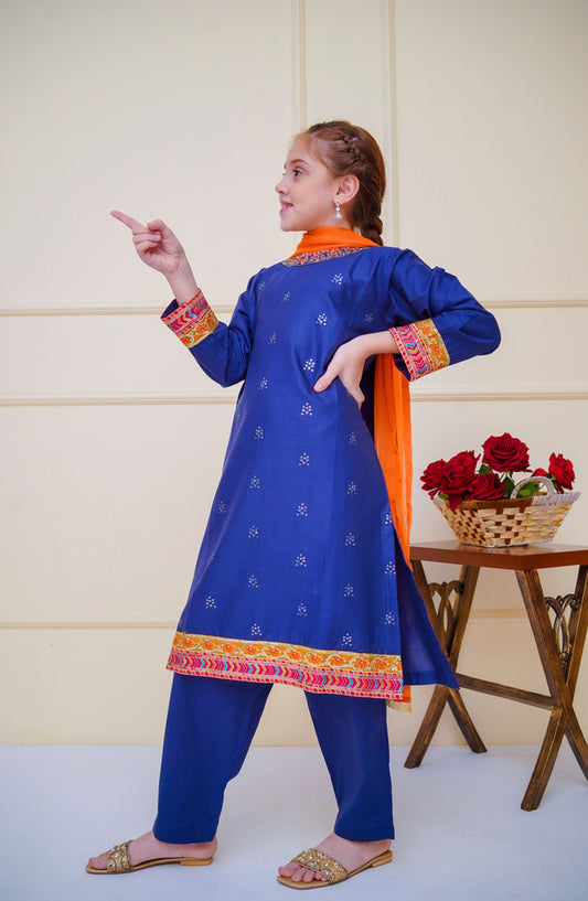 Shanzey Embroidered Cotton Stitched 3 Piece Suit - SHK-4605 - SHZ25CBR - Navy Blue - Girls Summer Collection