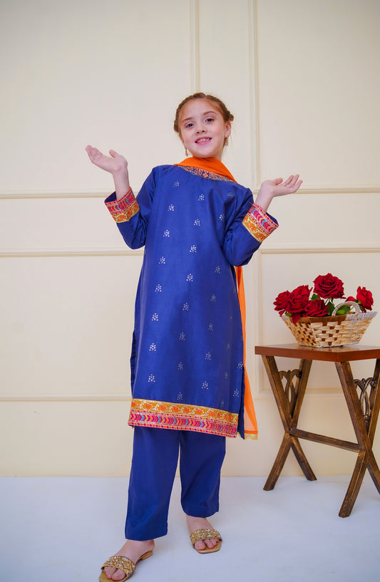 Shanzey Embroidered Cotton Stitched 3 Piece Suit - SHK-4605 - SHZ25CBR - Navy Blue - Girls Summer Collection