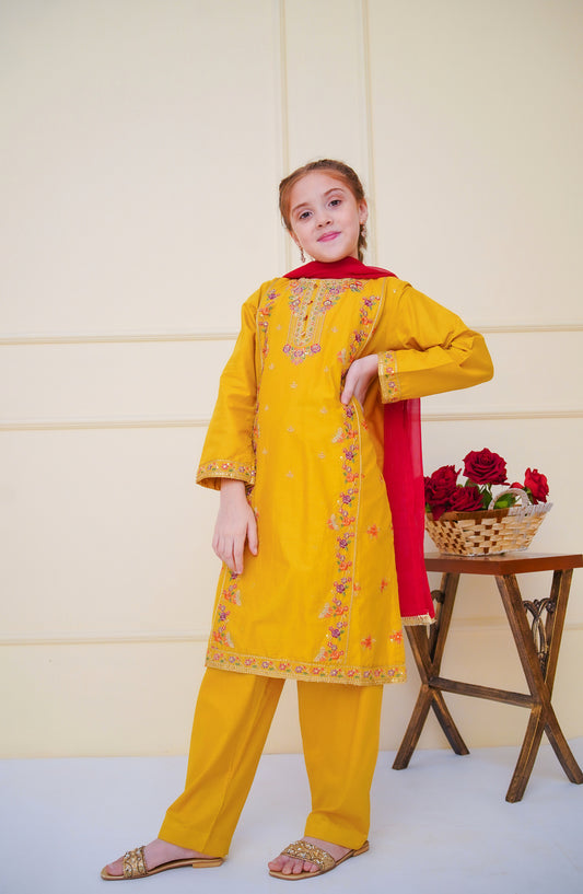 Shanzey Embroidered Cotton Stitched 3 Piece Suit - SHK-4604 - SHZ25CBR - Mustard - Girls Summer Collection