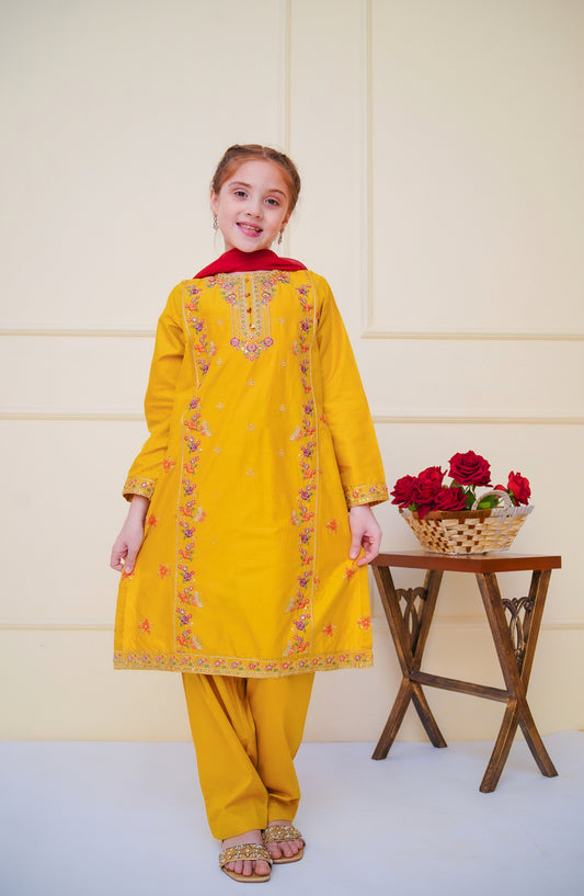 Shanzey Embroidered Cotton Stitched 3 Piece Suit - SHK-4604 - SHZ25CBR - Mustard - Girls Summer Collection