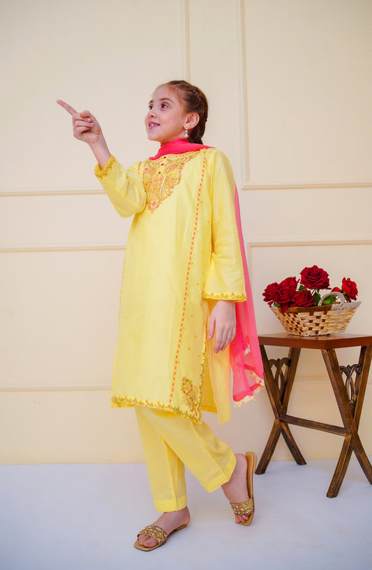 Shanzey Embroidered Cotton Stitched 3 Piece Suit - SHK-4601 - SHZ25CBR - Yellow - Girls Summer Collection