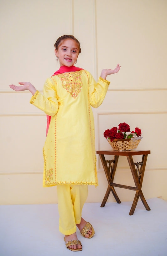 Shanzey Embroidered Cotton Stitched 3 Piece Suit - SHK-4601 - SHZ25CBR - Yellow - Girls Summer Collection