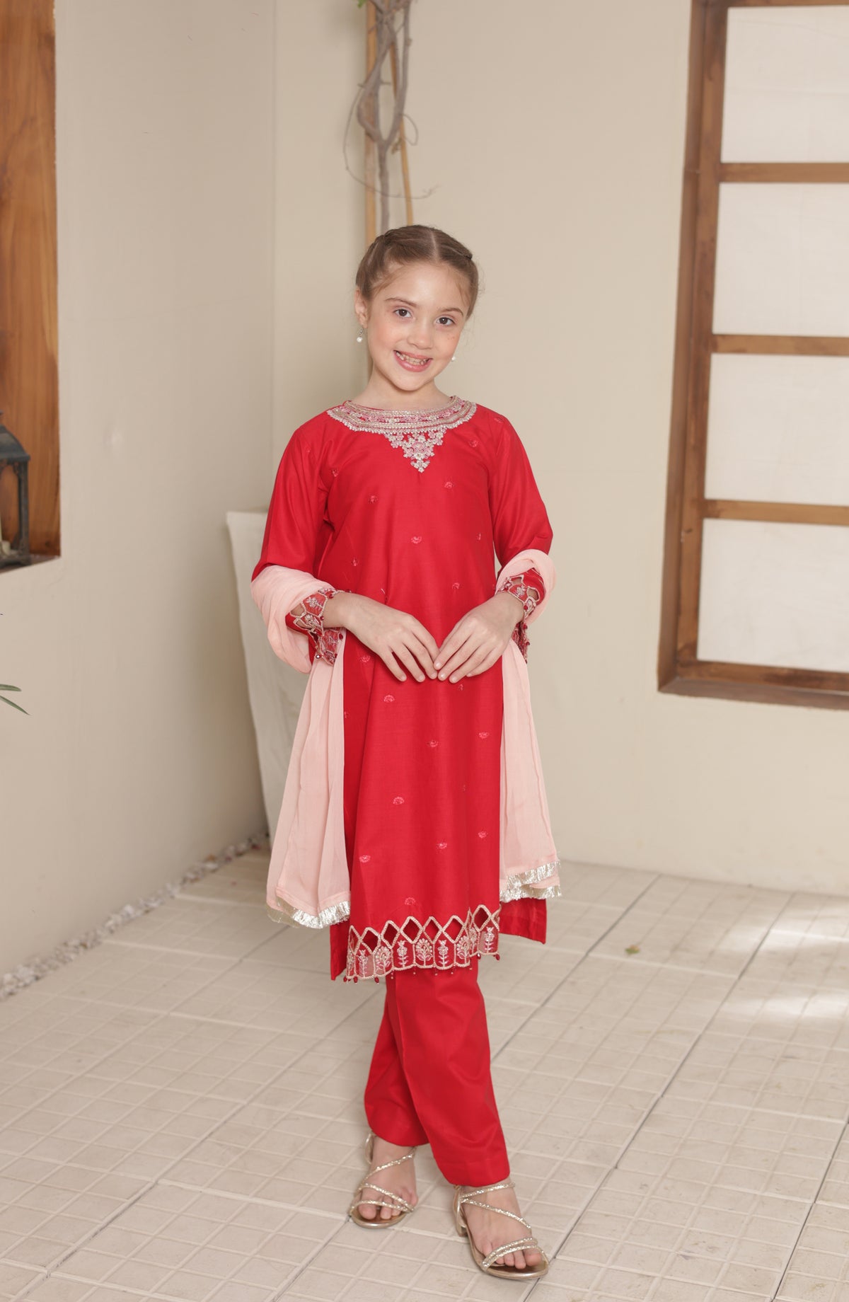Shanzey Embroidered Cotton Stitched 3 Piece Suit - SHK-5601 - SHZ26CMB - Red - Festive Collection