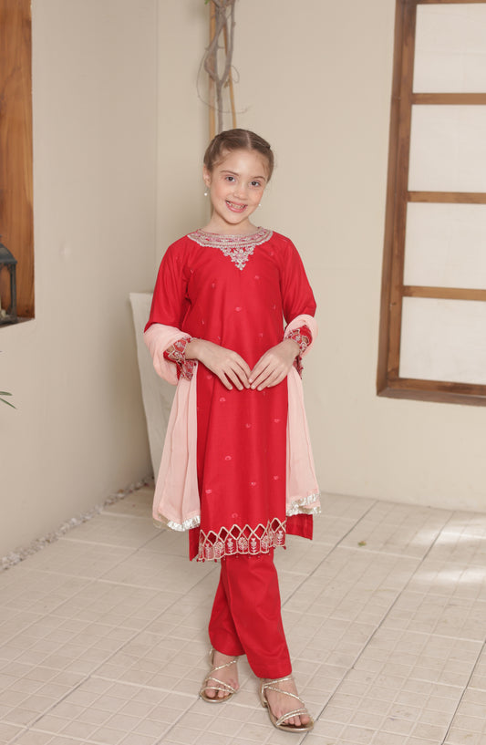 Shanzey Embroidered Cotton Stitched 3 Piece Suit - SHK-5601 - SHZ26CMB - Red - Festive Collection