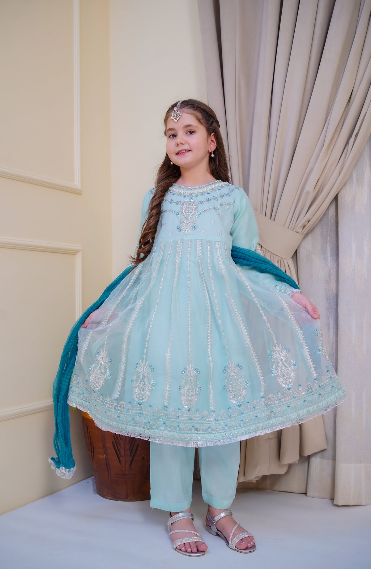 Shanzey Nain Sukh Embroidered Organza Stitched 3 Piece Suit - SHK-4706 - SHZ25NAS - Ice Blue - Festive Girls Collection
