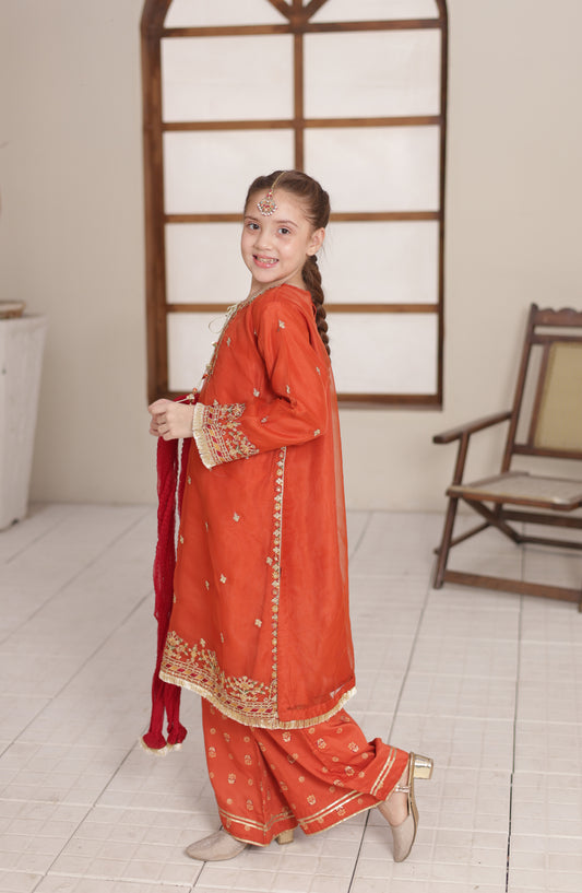 Shanzey Gota Kinari Embroidered Organza Stitched 3 Piece Suit - SHK-5505 - SHZ26GTK - Rust - Formal Festive Collection