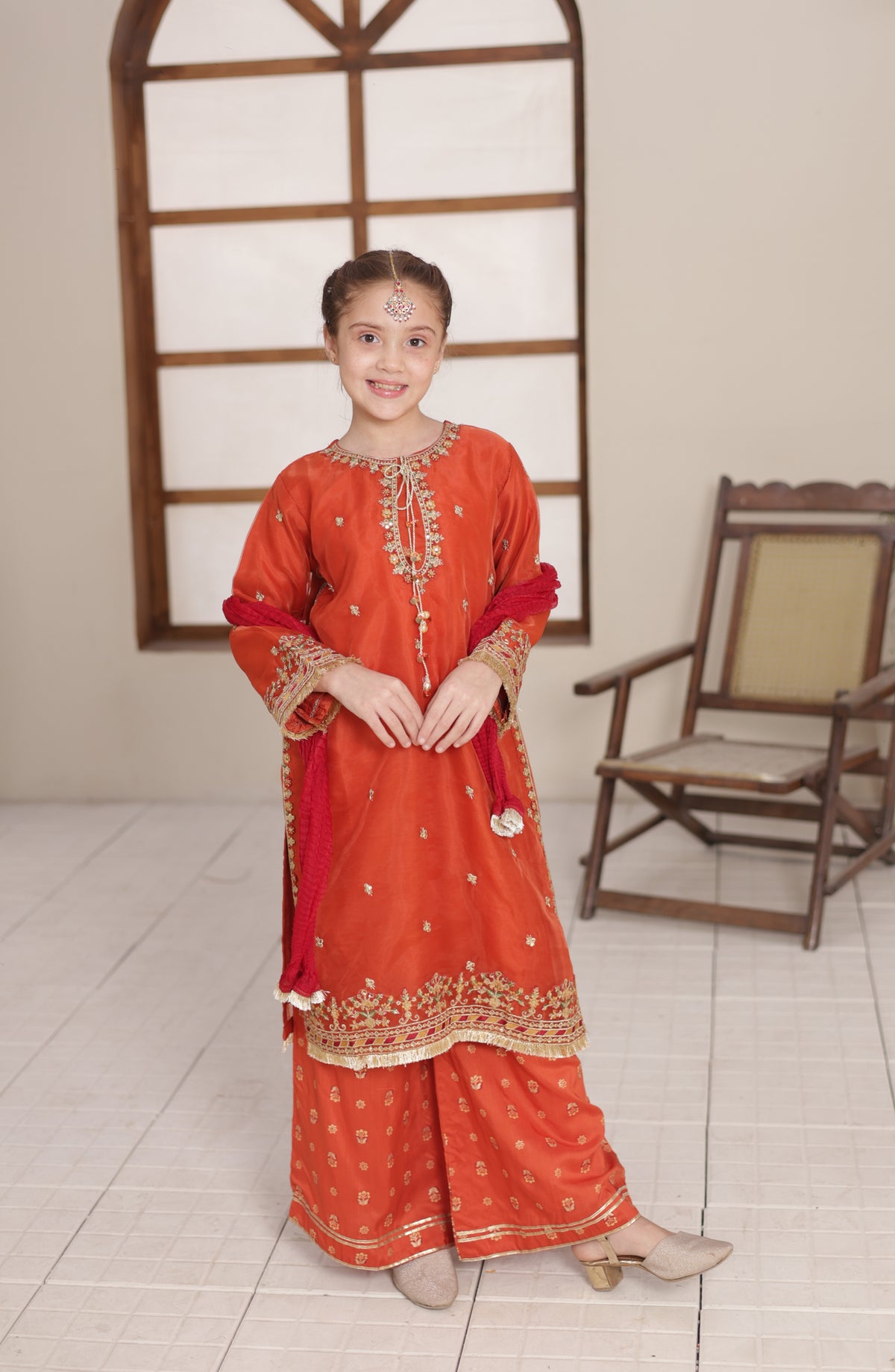 Shanzey Gota Kinari Embroidered Organza Stitched 3 Piece Suit - SHK-5505 - SHZ26GTK - Rust - Formal Festive Collection