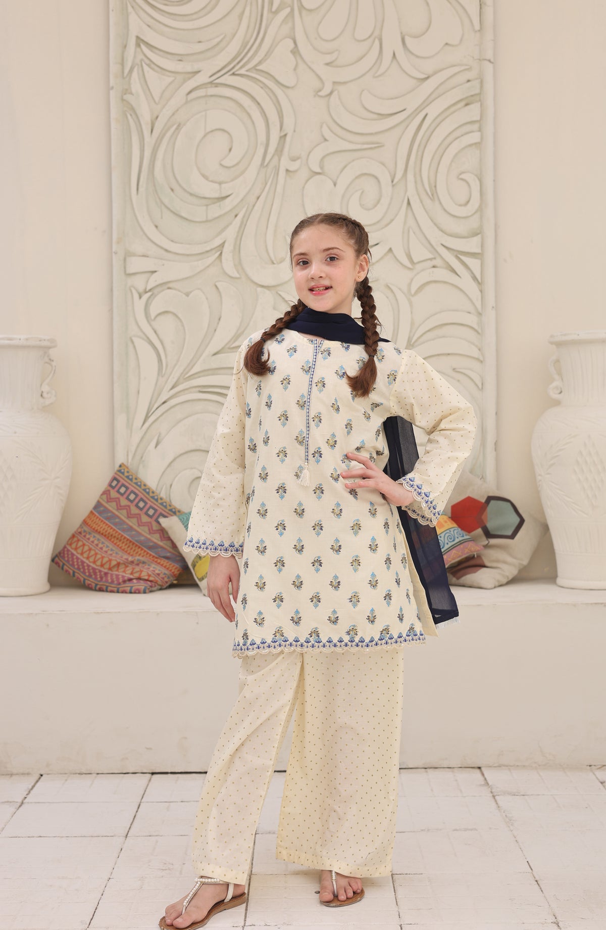 Shanzey Guldasta Printed Cotton Stitched 3 Piece Suit - SHK-7005 - SHK26GLD - Off White - Summer Girls Collection