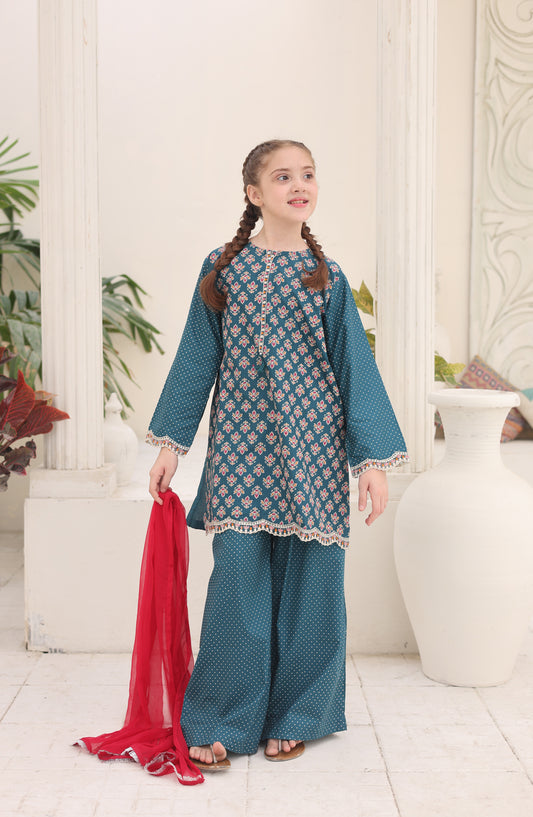 Shanzey Guldasta Printed Cotton Stitched 3 Piece Suit - SHK-7004 - SHK26GLD - Teal Blue - Summer Girls Collection