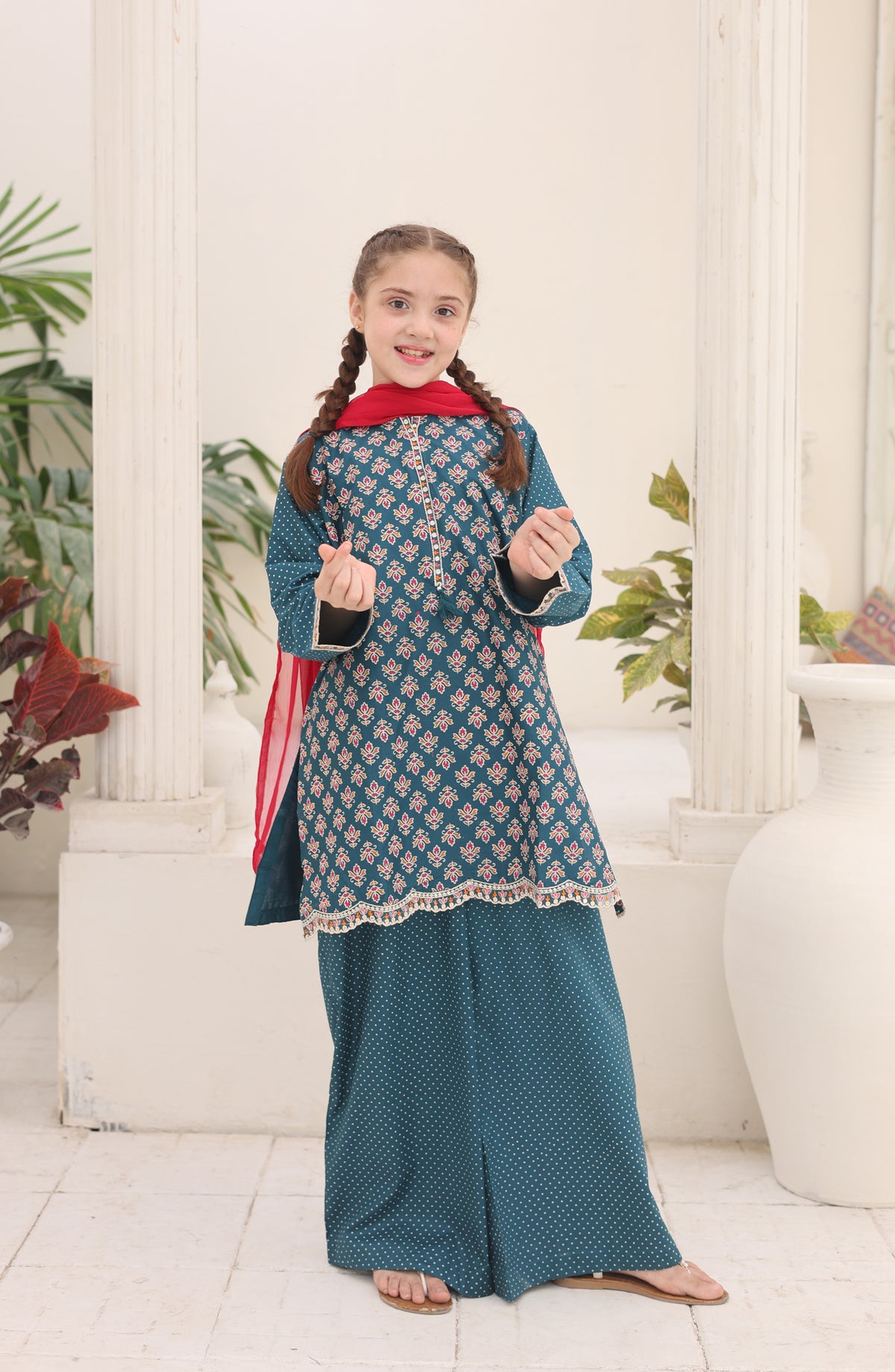 Shanzey Guldasta Printed Cotton Stitched 3 Piece Suit - SHK-7004 - SHK26GLD - Teal Blue - Summer Girls Collection