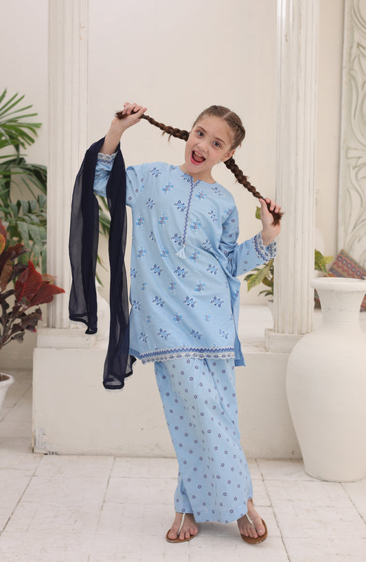 Shanzey Guldasta Printed Cotton Stitched 3 Piece Suit - SHK-7002 - SHK26GLD - Sky Blue - Summer Girls Collection