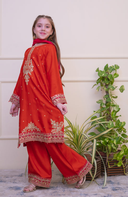 Shanzey Luxe Embroidered Raw Silk Stitched 3 Piece Suit - SHK-4805 - SHZ25LXD - Rust - Girls Festive Collection