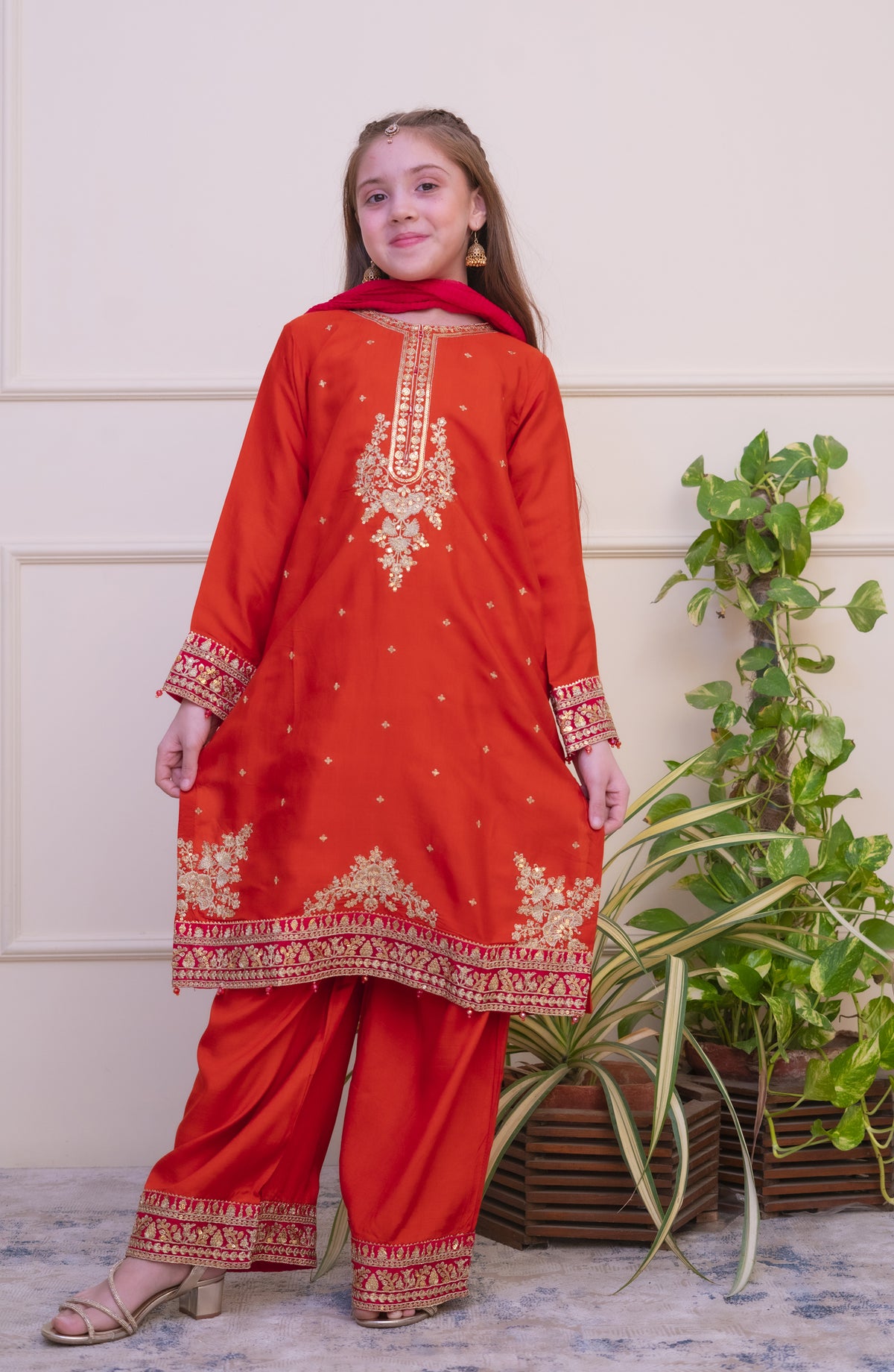 Shanzey Luxe Embroidered Raw Silk Stitched 3 Piece Suit - SHK-4805 - SHZ25LXD - Rust - Girls Festive Collection