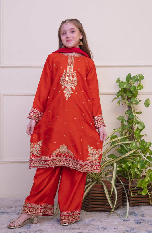 Shanzey Luxe Embroidered Raw Silk Stitched 3 Piece Suit - SHK-4805 - SHZ25LXD - Rust - Girls Festive Collection