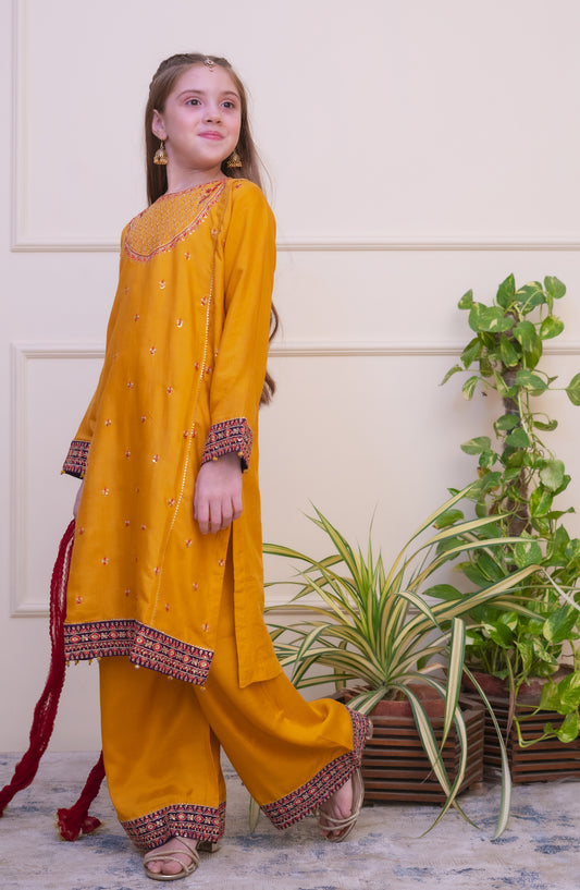 Shanzey Luxe Embroidered Raw Silk Stitched 3 Piece Suit - SHK-4804 - SHZ25LXD - Mustard - Girls Festive Collection