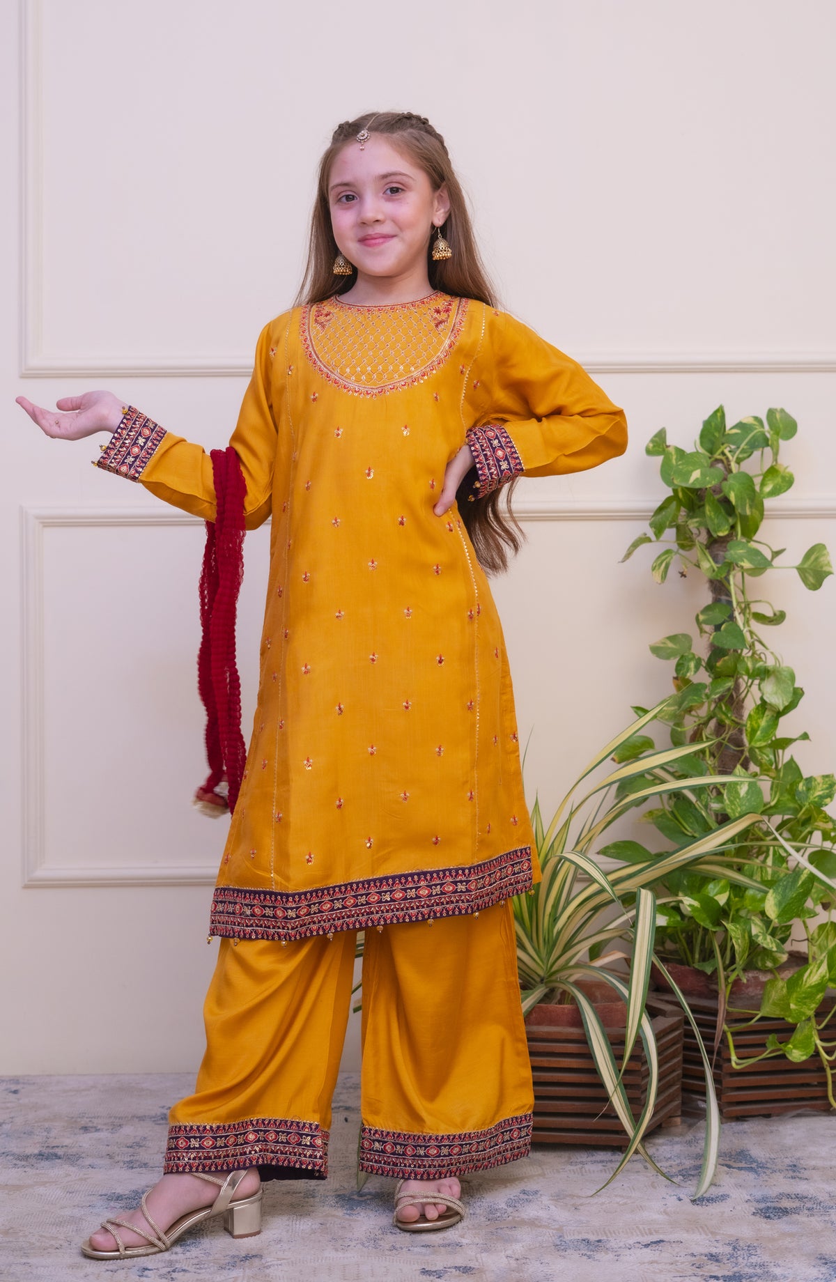 Shanzey Luxe Embroidered Raw Silk Stitched 3 Piece Suit - SHK-4804 - SHZ25LXD - Mustard - Girls Festive Collection