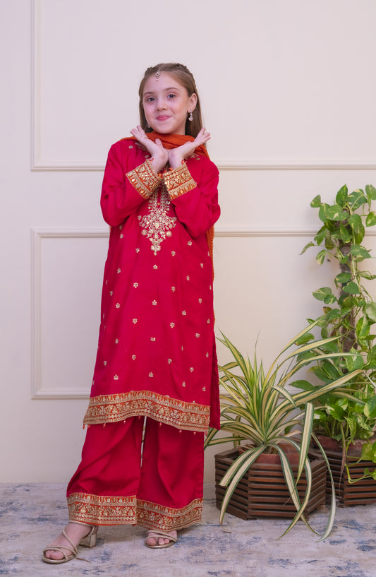Shanzey Luxe Embroidered Raw Silk Stitched 3 Piece Suit - SHK-4801 - SHZ25LXD - Pink - Girls Festive Collection