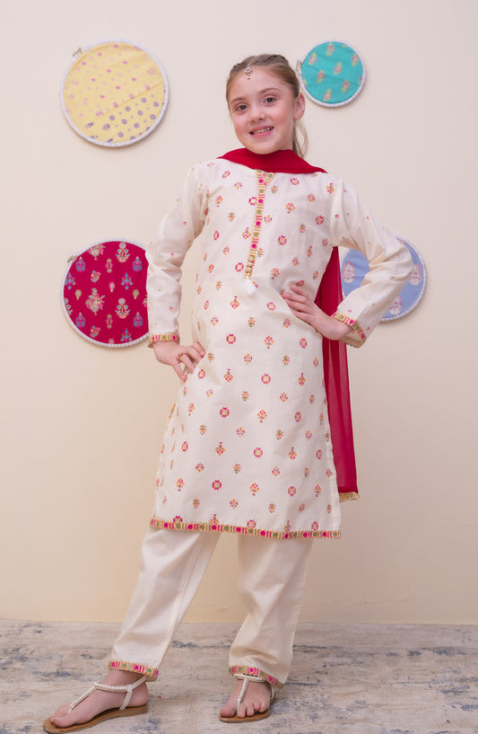 Shanzey Printed Cambric Stitched 3 Piece Suit - SHK-4901 - SHZ25CAM - Off White - Girls Winter Collection