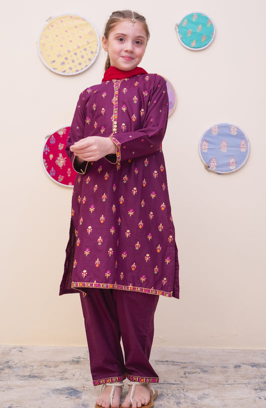 Shanzey Printed Cambric Stitched 3 Piece Suit - SHK-4902 - SHZ25CAM - Purple - Girls Winter Collection